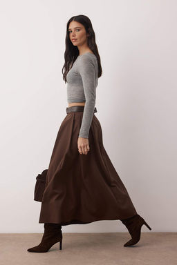 Koyu Kahverengi Kemerli Can/A-Line Dokuma Uzun Maxi Etek TWOAW26ET00168 - Trendyolmilla фото 2