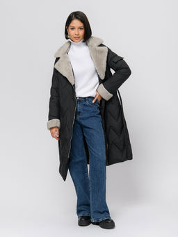 Пальто зимнее черного цвета с поясом и отложным воротником - 1001dress фото 2