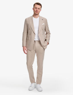 A__k Kahverengi Ex. Slim Fit Keten Kar___ml_ _izgili Kruvaze Tak_m Elbise