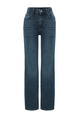 TRENDYOLMILLA Koyu Mavi Soluk Efekt Vintage Yuksek Bel Wide Leg Jeans TWOSS24JE00080 фото 7