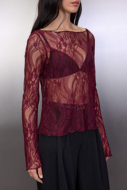 Koyu Bordo Regular Fit Kay?k Yaka Dantel Esnek Orme Bluz TWOSS23BZ00795