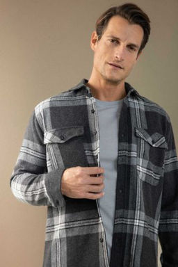 Regular Fit Polo Yaka Kareli Oduncu Flanel Uzun Kollu Gomlek