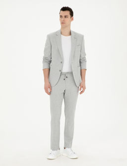 Gri Slim Fit Keten Kar___ml_ _izgili Tak_m Elbise