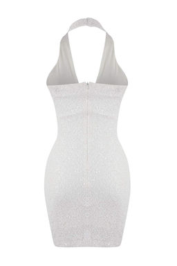 Beyaz Duz Orme Payet K?sa / Mini Astarl? S?k/Gece Elbise