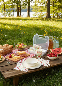 Набор для пикника 37 предметов на 6 персон с декором "Фруктовый сад" (светло-бежевый) 223159525/01