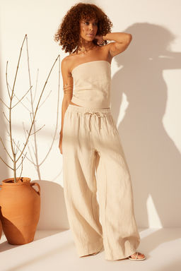 Bej %100 Keten Beli Lastikli Yuksek Bel Ekstra Wide Leg Pantolon TWOSS24JE00251