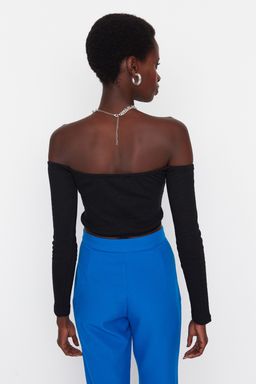 Siyah Fitted/Vucuda Oturan Super Crop Carmen Yaka Fitilli Esnek Orme Bluz TWOAW23BZ00482 - Trendyolmilla фото 5