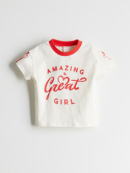 Bisiklet Yaka Yaz? Bask?l? K?z ?ocuk Ti??rt