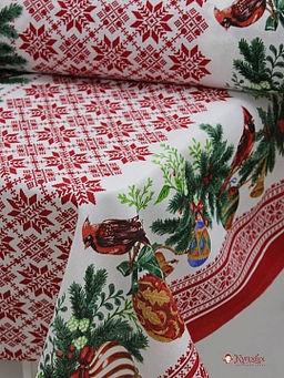 Рогожка Новогодняя гирлянда по кайме цв.красный, ш.1.5м, хлопок-100%, 160гр/м.кв