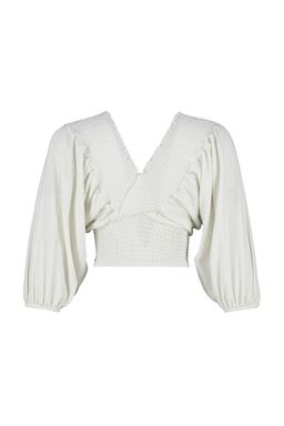 Trendyolmilla Ekru Gipeli Balon Kol V Yaka Burumcuk/Dokulu Crop Orme Bluz TWOSS23BZ00840