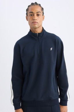 Lacivert DeFactoFit Standart Fit Dik Yaka Yar?m Fermuarl? Sporcu Sweatshirt