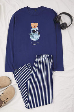 Indigo Regular Pamuklu Uzun Kollu _st Ay_c_k Bask_l_ Alt _izgili Pijama Tak_m_ TMNAW26PT00013