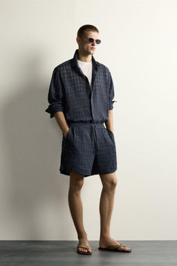 CAMISA RELAXED FIT JACQUARD CUADROS LINO - ALGOD?N / Marino