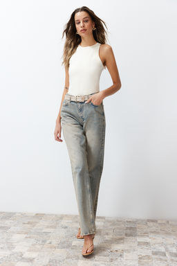 Ekru Pamuklu Halter Yaka Fitted/Vucuda Oturan Esnek Orme Atlet TWOSS23AL00069