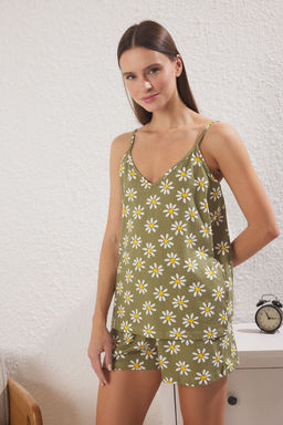 Trendyolmilla Mint-Cok Renkli %100 Pamuklu Cicekli Kalpli Sortlu Orme Pijama Tak?m? THMSS25PT00121  фото 2