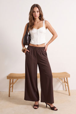 Kahverengi Beli Lastikli Extra Wide Leg/Geni_ Pa_a Saten Pantolon TWOSS26PL00147