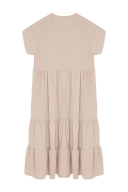 Tas Duz Genis Kesim V Yaka Etegi Volanl? Aerobin Dokuma ElbiseTWOSS24EL01031