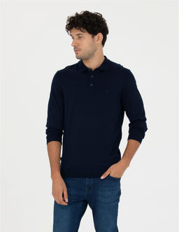 Lacivert Regular Fit Polo Yaka Y_n Kar___ml_ Basic Triko Kazak