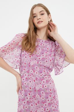 Lila Cicek Desenli A Kesim Astarl? Midi Dokuma Elbise TWOSS20EL0908