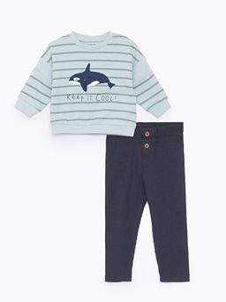 Bisiklet Yaka Uzun Kollu Bask?l? Erkek Bebek Sweatshirt ve Tayt 2li Tak?m