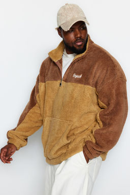 Camel Unisex Buyuk Beden Oversize/Genis Kesim Renk Bloklu Nak?sl? Pelus Sweatshirt TMNAW24AO00015