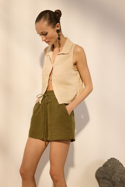 Haki %100 Keten Beli Lastikli Yuksek Bel Sort TWOSS26SR00019 - Trendyolmilla фото 2