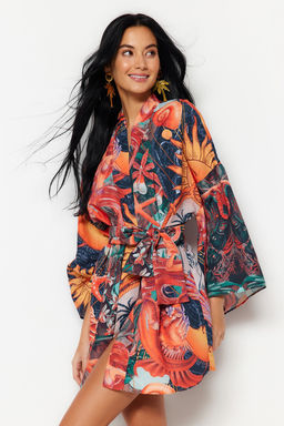 Tropikal Desenli Kusakl? Volanl? Mini Dokuma Plaj Kimono&Kaftan TBESS23KM00024 - Trendyolmilla фото 5