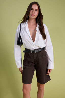 Kahverengi Vintage Y?kama Yuksek Bel Denim Bermuda TWOSS26SR00105 - Trendyolmilla фото 4