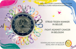 Монета 2 евро 2024 года Бельгия Борьба с раком в Бельгии(текст на лицевой стороне блистера немецком и французском)