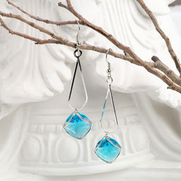 Серьги висячие со стразами Капля с ромбом, цвет голубой в серебре, 7,2см - Queen fair фото 2