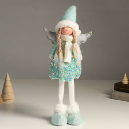 Интерьерная кукла текстильная Ангелочек в бирюзовом наряде с пайетками, серебристые крылья, 49 см