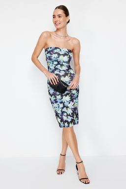 Limited Edition Mavi Cicek Bask?l? Mini Straplez Yaka Esnek Orme Kalem Elbise TWOSS24EL00567 - Trendyolmilla фото 6