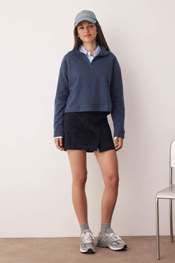 Indigo Selanik/Triko Gorunumlu Fermuarl? Yaka Regular/Normal Kal?p Orme Sweatshirt TWOAW22SW0732