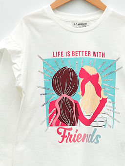 Bisiklet Yaka Bask?l? Uzun Kollu Pamuklu K?z ?ocuk Ti??rt - Waikiki фото 3