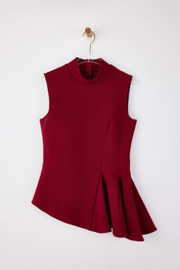 Bordo Asimetrik Godeli Dik Yaka Dokuma Bluz TWOSS26BZ00085