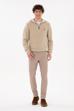 Erkek Slim Fit Koyu Bej Kanvas Pantolon
