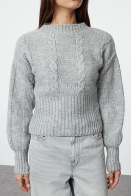 TRENDYOLMILLA Gri Sac Orgu Bisiklet Yaka Triko Kazak TWOAW25KZ00174