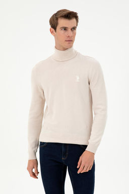 Erkek Slim Fit Bo_azl_ Yaka Krem Melanj Basic Kazak
