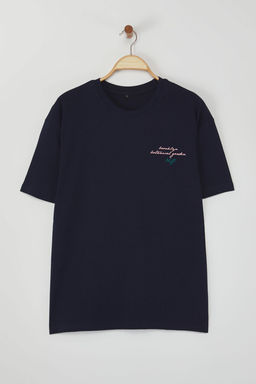 TRENDYOL MAN Lacivert Oversize/Genis Kesim Cicek Bask?l? %100 Pamuklu Tok Kumas T-shirt TMNSS25TS00069 - Trendyolmilla фото 3