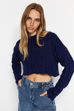 Lacivert Super Crop Sac Orgu Triko Kazak TWOAW24KZ00706