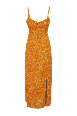 Turuncu Cicek Desenli Duz Kesim Y?rtmac Detayl? Viskon Midi Dokuma Elbise TWOSS23EL02085