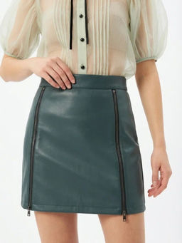 Юбка короткая из эко-кожи с молниями OD-1004-2, зеленая