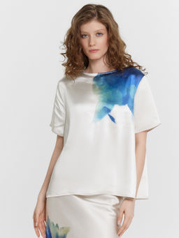 Блузка женская молочная с принтом сублимация цветок на молочном 112983