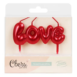 Свеча Надпись Love, красный, металлик, 1 шт. с держат.