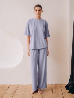 Пижама домашняя Indefini футболка и брюки из полиэстера голубая
