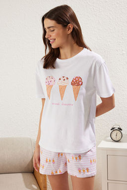 Trendyolmilla Beyaz %100 Pamuklu Dondurma Bask?l? Sortlu Orme Pijama Tak?m? THMSS25PT00276  фото 3