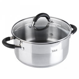 Кастрюля из нержавеющей стали "Ковентри" 4л, д22см, h11см, 0,6мм, дно s2,8мм, полировка внешняя комбинированная, внутренняя матовая, стеклянная жаропрочная крышка, обод крышки металлический, пароотвод, ручки с силиконовыми вставками, мерная шкала, цв