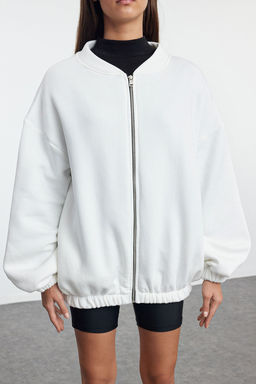 Ekru Fermuarl? Oversize/Genis Kal?p Kal?n Ici Polarl? Orme Sweatshirt TWOAW25SW00122