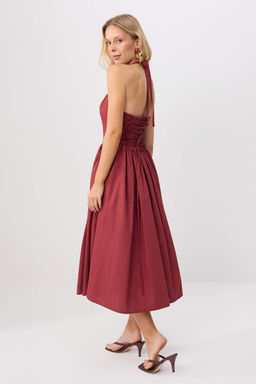 Bordo Boyundan Ba_l_ Poplin Maxi Dokuma Elbise TWOSS25EL00881 - Trendyolmilla фото 3