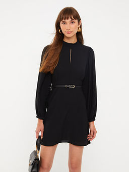 Dik Yaka D?z Uzun Kollu Elbise